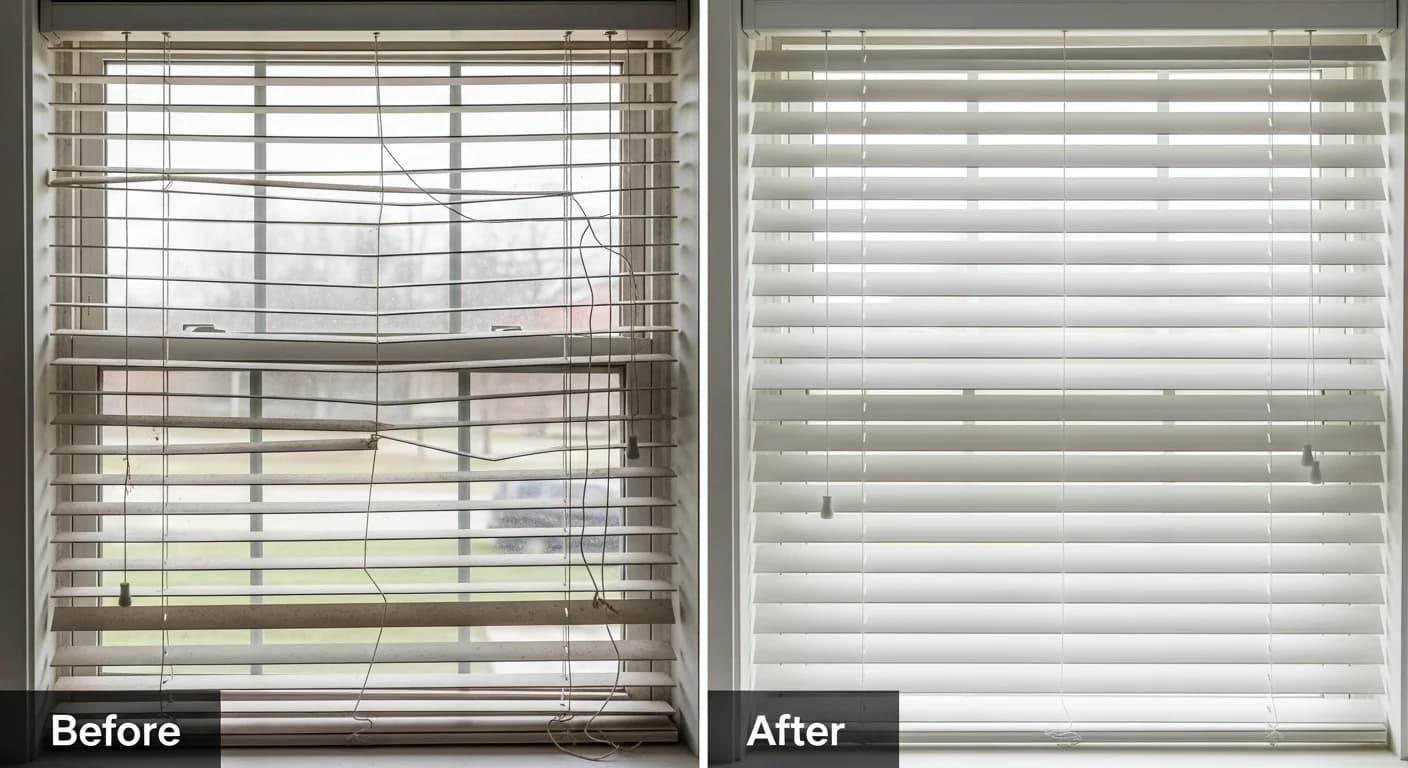 Before and after plantation shutter repair comparison by Houston professionals